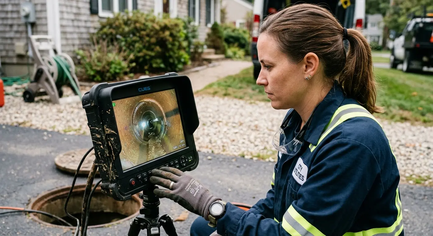 Technician reviewing sewer camera inspection footage in Milltown
